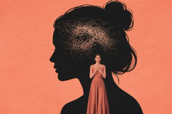 Silhouette with chaotic thoughts inside, calm figure standing peacefully below
