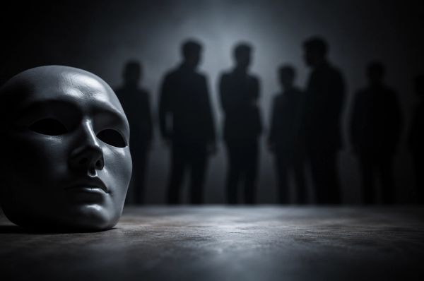 Black mask in foreground with blurred figures behind in a dark, moody scene