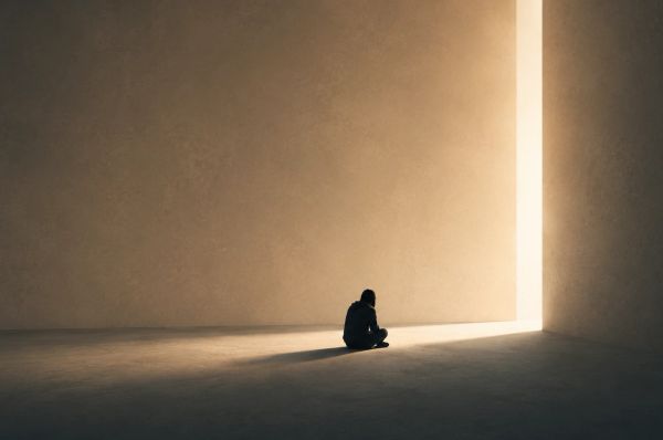 Man sitting alone in a dim room, facing a narrow opening with warm light entering