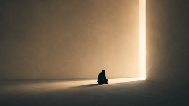 Man sitting alone in a dim room, facing a narrow opening with warm light entering