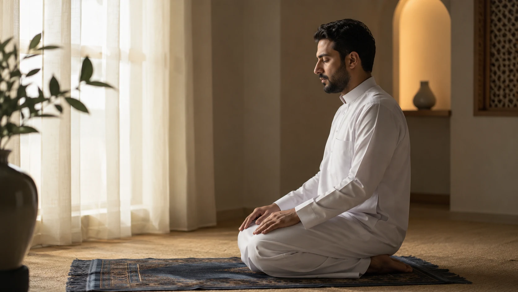 Calm man in white thobe praying on rug in soft morning light, peaceful minimalist room