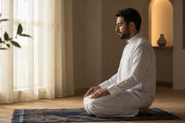 Calm man in white thobe praying on rug in soft morning light, peaceful minimalist room