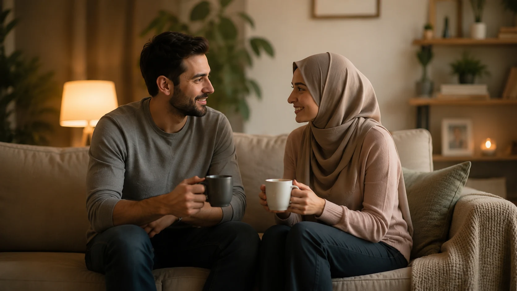 Couple smiling on a cozy sofa, holding mugs in warm, softly lit living room