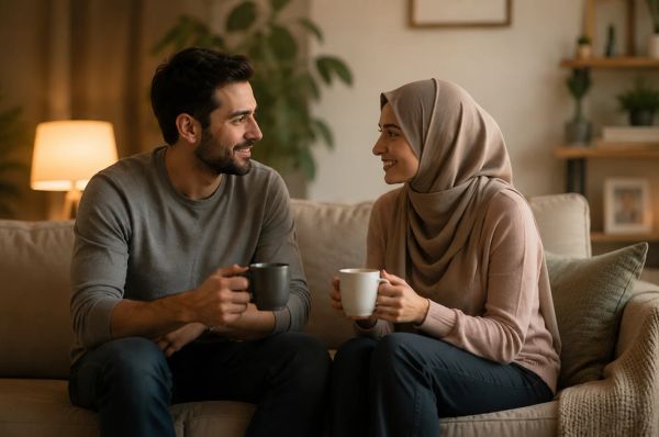 Couple smiling on a cozy sofa, holding mugs in warm, softly lit living room