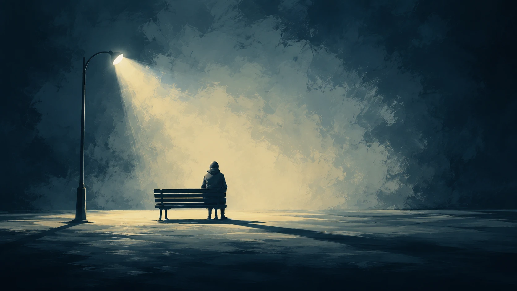 A lone person sits on a bench under a streetlight in a dark, empty park