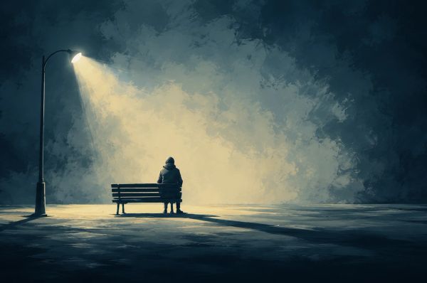 A lone person sits on a bench under a streetlight in a dark, empty park
