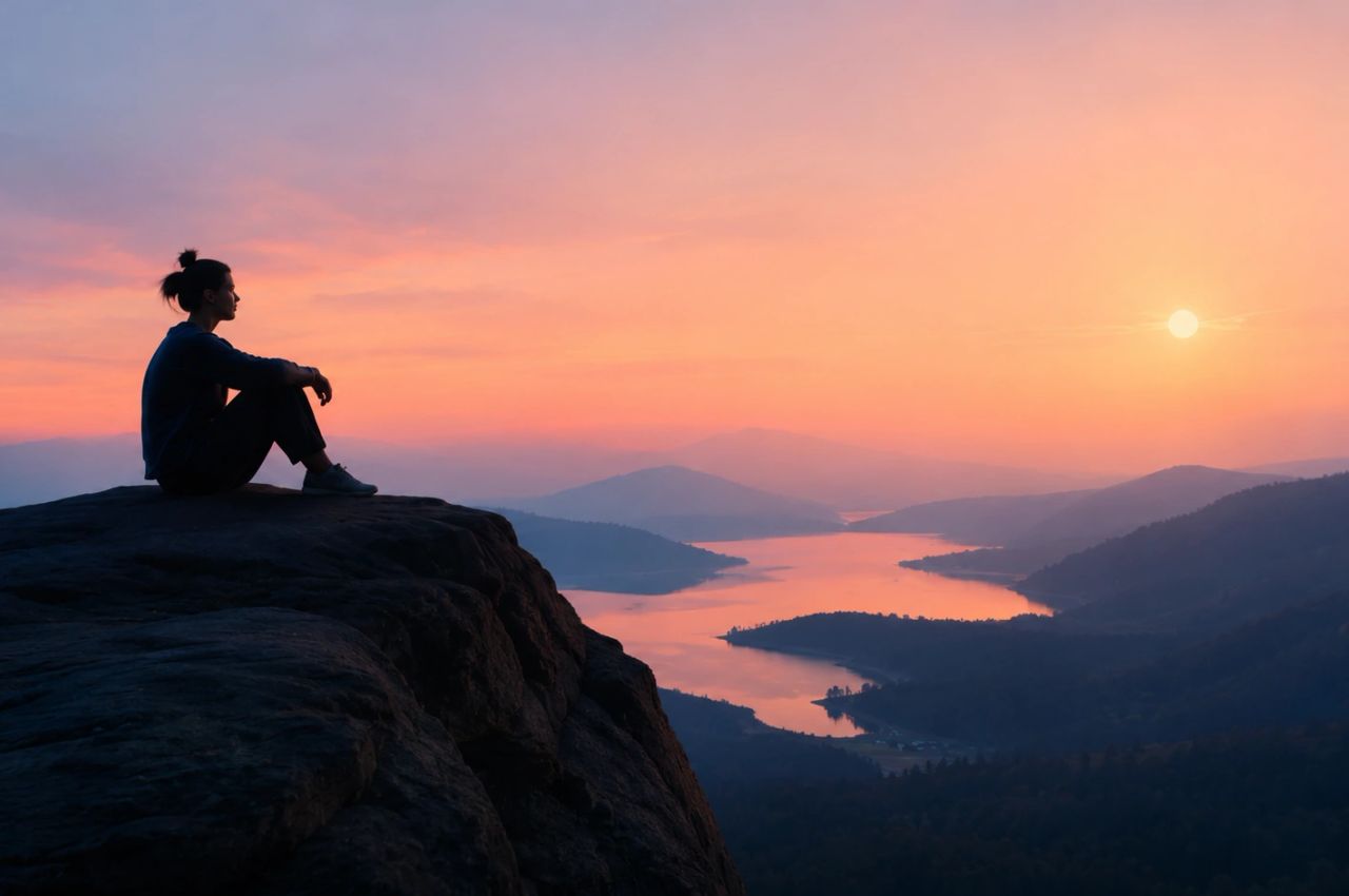 Person sitting on a cliff at sunset overlooking a calm river and mountains
