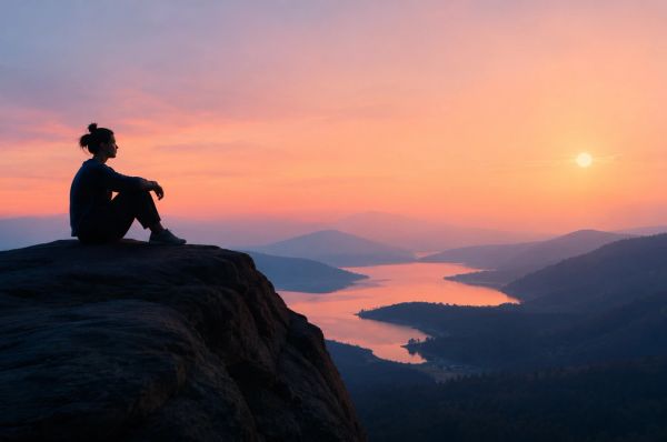 Person sitting on a cliff at sunset overlooking a calm river and mountains