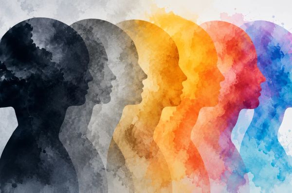 Overlapping colorful human silhouettes symbolizing diverse identities and mental states
