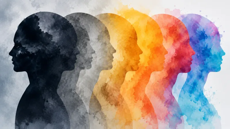 Overlapping colorful human silhouettes symbolizing diverse identities and mental states