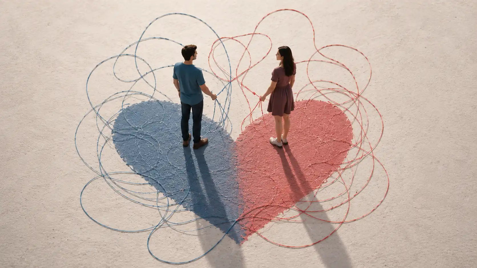 Two people stand apart, tangled strings forming a split heart between them