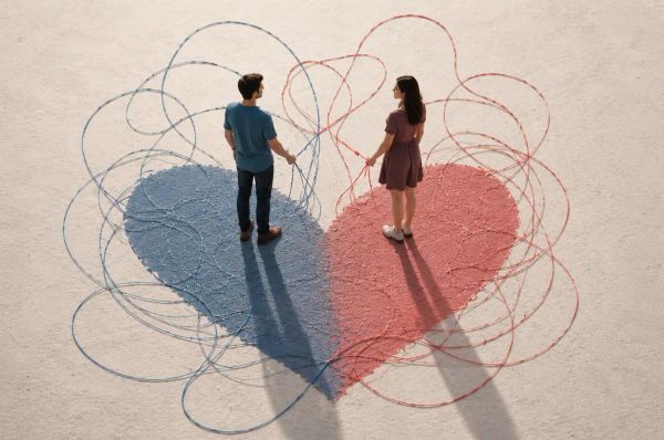 Two people stand apart, tangled strings forming a split heart between them