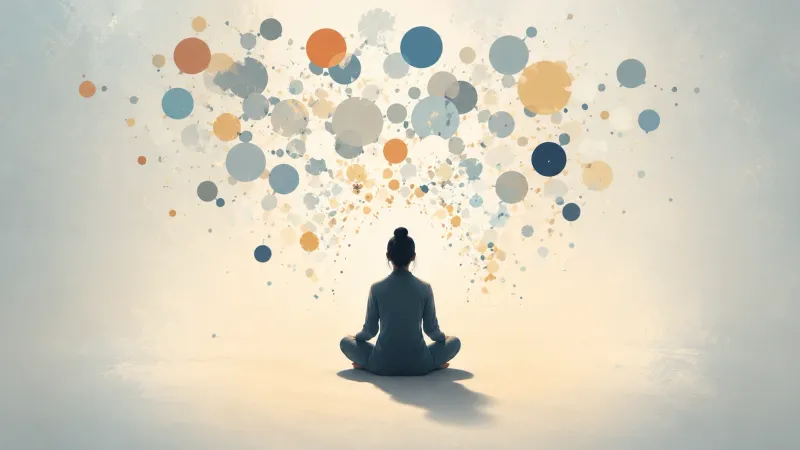 Person meditating as soft abstract circles float above, symbolizing calm thoughts
