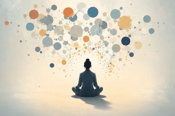 Person meditating as soft abstract circles float above, symbolizing calm thoughts