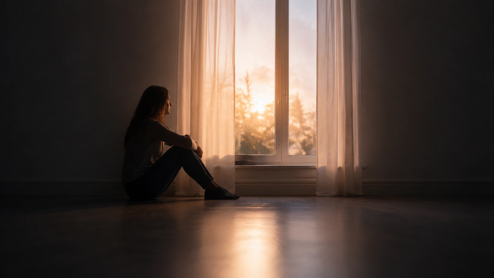 Woman sitting by window at sunset, softly lit, reflecting in quiet solitude