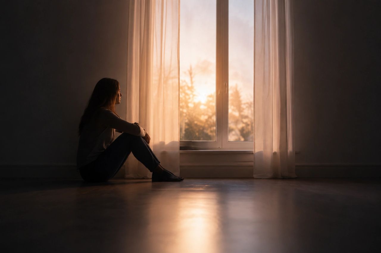 Woman sitting by window at sunset, softly lit, reflecting in quiet solitude