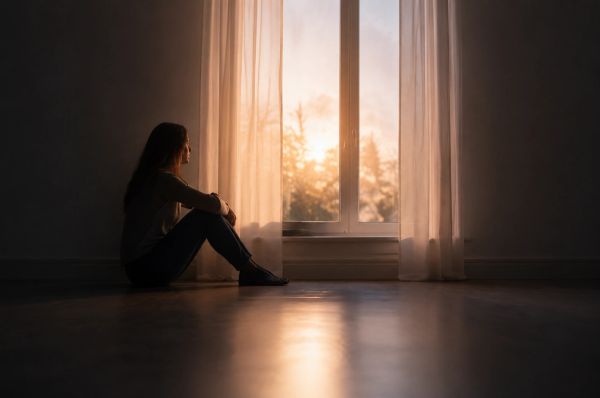 Woman sitting by window at sunset, softly lit, reflecting in quiet solitude