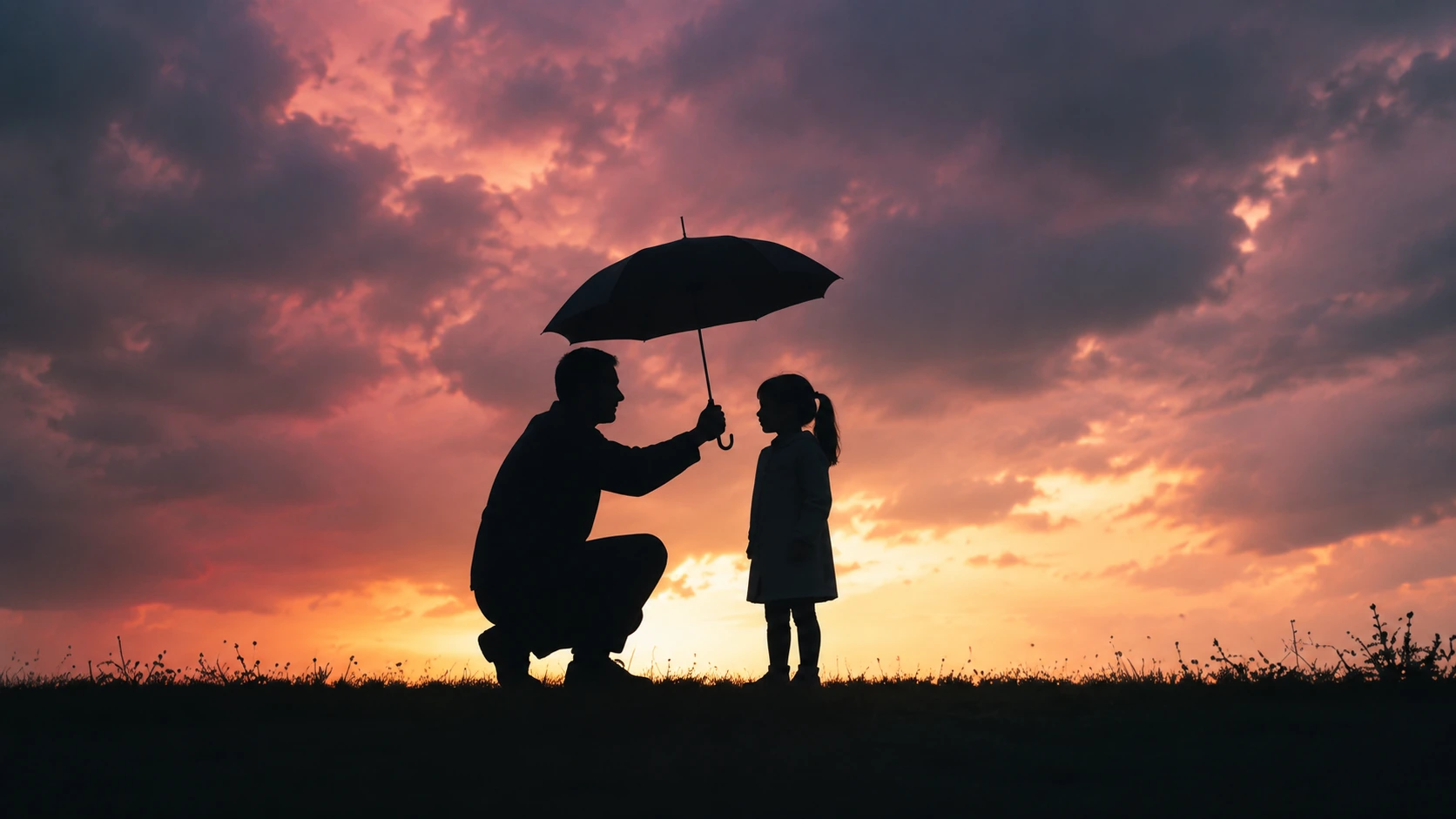 Parent shielding a child with an umbrella at sunset, symbolizing emotional protection.