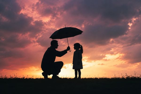 Parent shielding a child with an umbrella at sunset, symbolizing emotional protection.