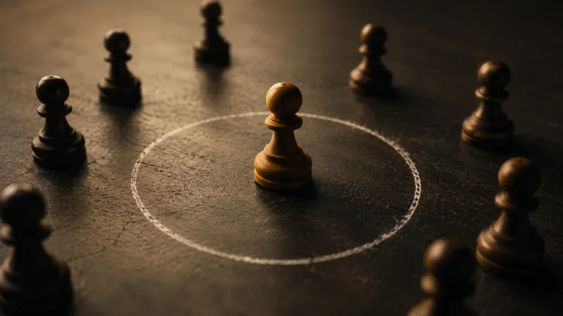 Isolated chess pawn inside a circle, surrounded by blurred pieces in low light