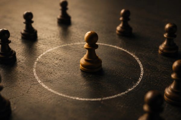 Isolated chess pawn inside a circle, surrounded by blurred pieces in low light