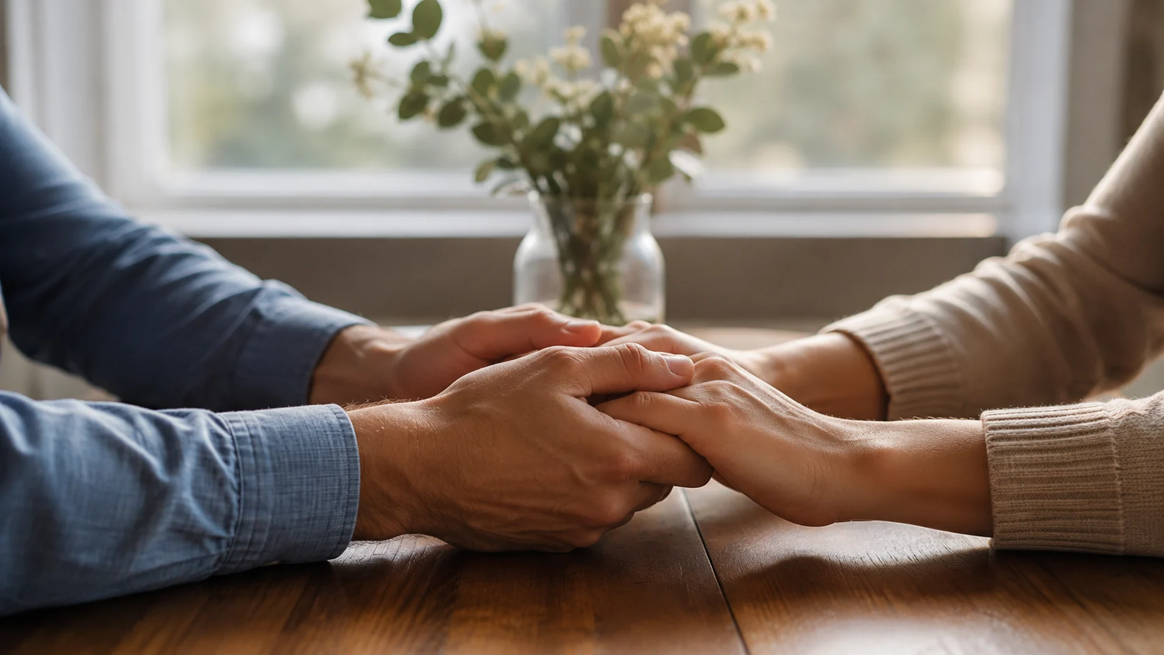 Two people gently holding hands across a wooden table in soft natural light.