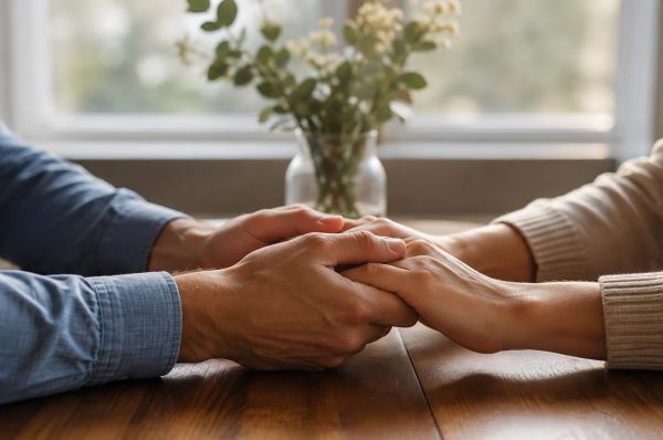 Two people gently holding hands across a wooden table in soft natural light.