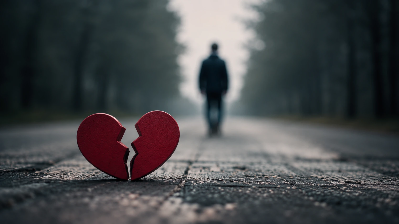 Broken red heart on a wet road, blurred figure walking away in the distance