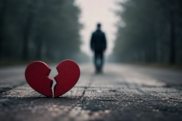 Broken red heart on a wet road, blurred figure walking away in the distance