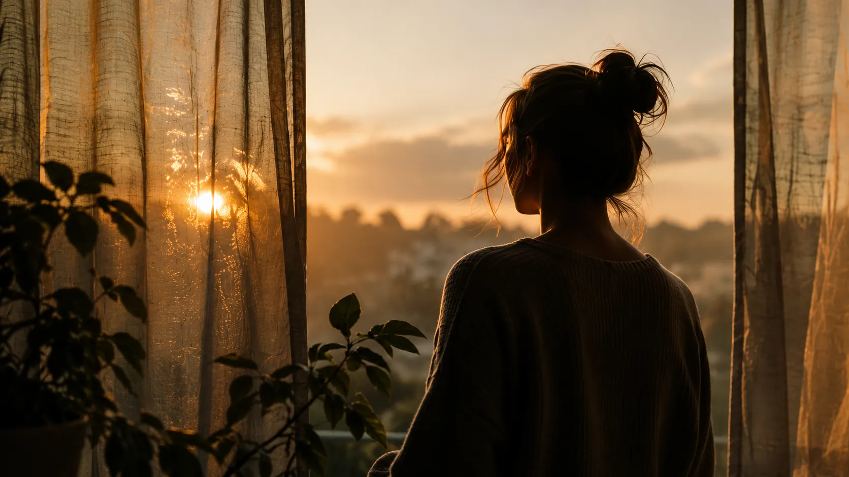 Person by window at sunset, warm light, quiet reflective mood, soft curtains and plants