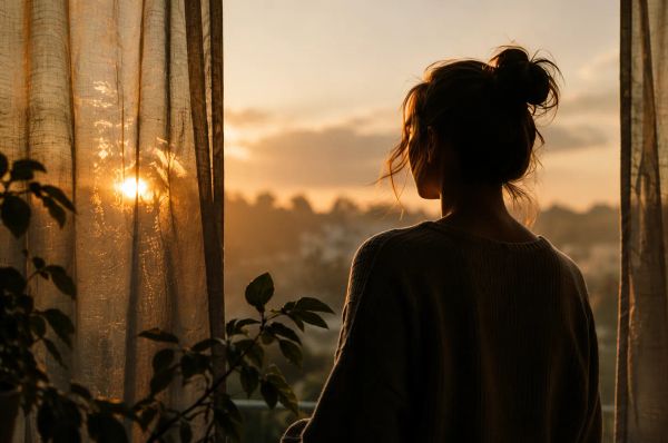 Person by window at sunset, warm light, quiet reflective mood, soft curtains and plants