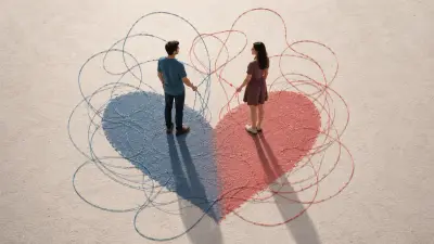 Two people stand apart, tangled strings forming a split heart between them