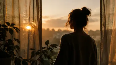Person by window at sunset, warm light, quiet reflective mood, soft curtains and plants
