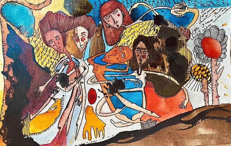 Crowded abstract artwork of overlapping figures surrounded by handwritten marks