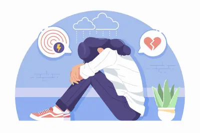 Seated figure hugging their knees beneath a storm cloud and broken-heart symbol