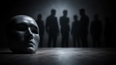 Black mask in foreground with blurred figures behind in a dark, moody scene