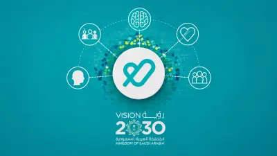 Teal infographic with Tatmeen logo, connected icons, and Vision 2030 branding on gradient background