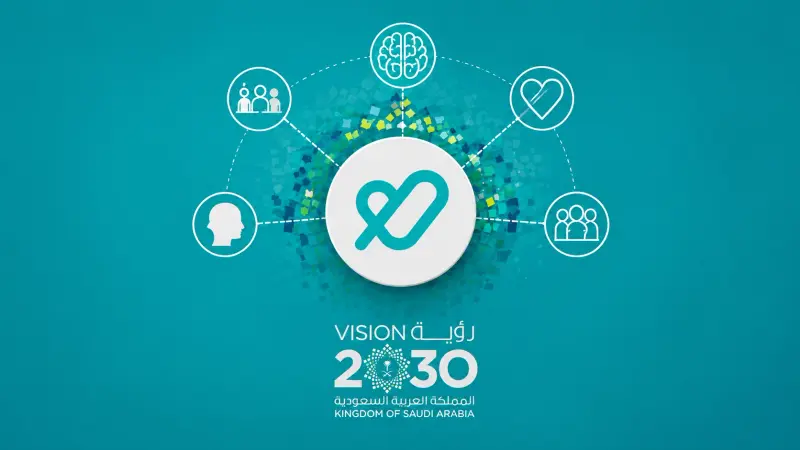 Teal infographic with Tatmeen logo, connected icons, and Vision 2030 branding on gradient background