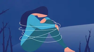 Drawn figure sits curled up while looping lines encircle the body