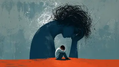 Curled figure under looming shadow self with tangled thoughts, symbolizing anxiety