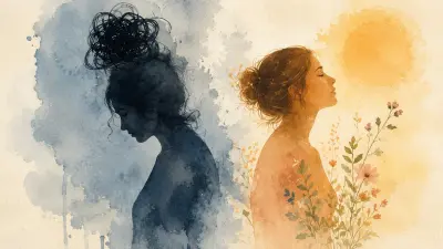 Watercolor portrait contrasting prolonged grief and healing through light and shadow.