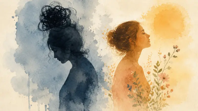 Watercolor portrait contrasting prolonged grief and healing through light and shadow.