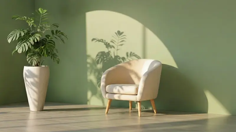 Minimal cozy chair by green wall with plant shadows, calm therapy space at home