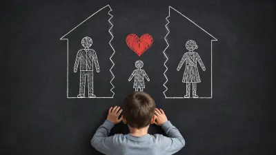 Child faces chalkboard drawing of separated parents in broken houses with a red heart above