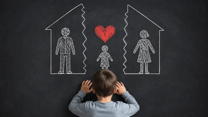 Child faces chalkboard drawing of separated parents in broken houses with a red heart above