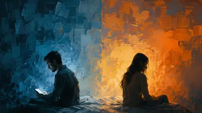 Man alone on a bed lit by a phone screen, symbolizing emotional distance and isolation.