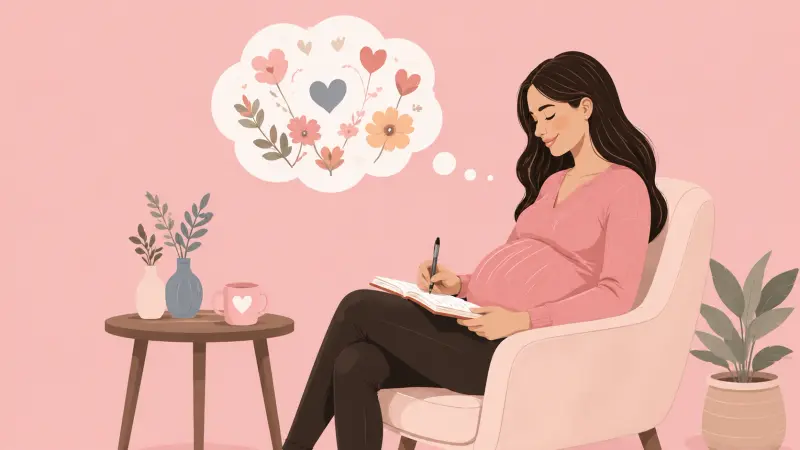 Pregnant woman journaling calmly in a pastel room with soft floral thoughts above