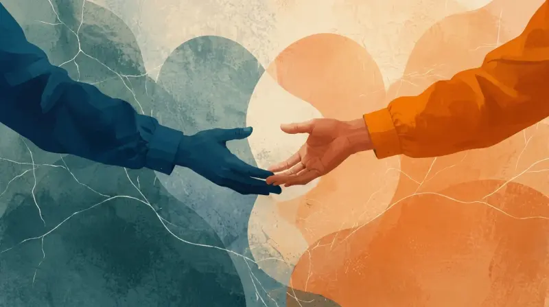 Helping hands reaching across abstract shapes, symbolizing support and addiction recovery.