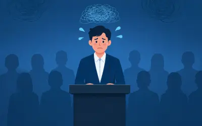 Person standing behind a podium taking a deep breath before speaking to a blurred audience