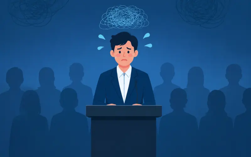 Person standing behind a podium taking a deep breath before speaking to a blurred audience
